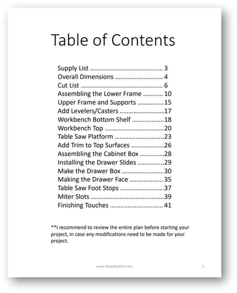 May include: Table of Contents for a woodworking project. The table lists the steps involved in building a table saw stand, including supply list, overall dimensions, cut list, assembling the lower frame, upper frame and supports, adding levelers and casters, workbench bottom shelf, workbench top, table saw platform, adding trim to top surfaces, assembling the cabinet box, installing drawer slides, making the drawer box, making the drawer face, table saw foot stops, miter slots, and finishing touches.