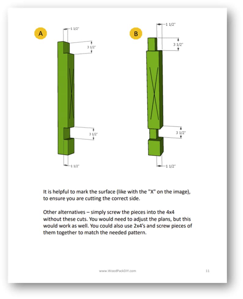May include: Diagram showing two different ways to cut a 4x4 piece of wood to create a decorative X shape. The first method is labelled "A" and the second method is labelled "B". Both methods use a 1 1/2 inch by 3 1/2 inch cut.