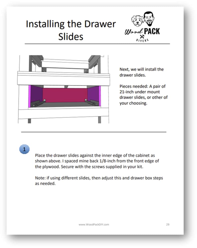 May include: Diagram showing how to install drawer slides. The diagram shows a cabinet with a drawer box and a pair of drawer slides. The text explains that the drawer slides should be placed against the inner edge of the cabinet and secured with screws.