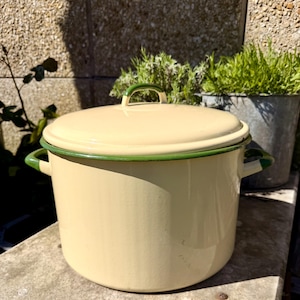 May include: Cream-coloured enamel pot with a matching lid and green trim. The pot has two side handles and a handle on the lid. The pot is sitting on a stone surface, with plants in the background.