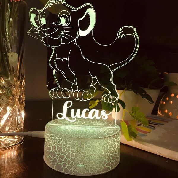 Veilleuse SIMBA personnalisée - Thème de la jungle - Idée cadeau de Noël parfaite - LED multicolore - Lampe de chevet - Déco pour chambre d'enfants