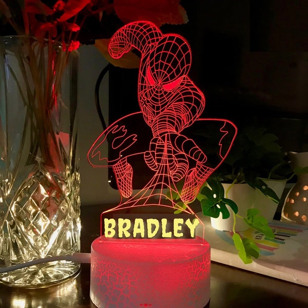 Veilleuse SPIDER-MAN personnalisée - Cadeau d'anniversaire pour garçon - Idée cadeau parfaite pour Noël - LED multicolore - Lampe de chevet