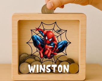 Personalized Spiderman Oak Money Box: Engraved Superhero Piggy Bank