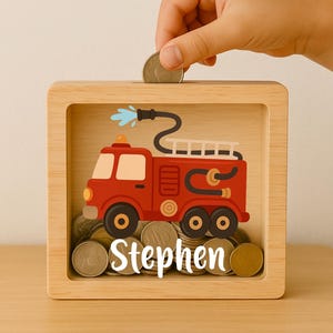 Personalized Fire Engine Money Box: Custom Engraved Wooden Piggy Bank