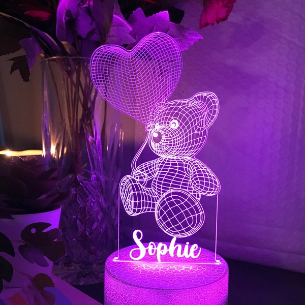 OURS EN peluche personnalisé | Veilleuse multicolore | Prénom personnalisé pour enfants | Lampe LED 3D de Noël | Décoration de chambre de bébé | Cadeau de Noël |