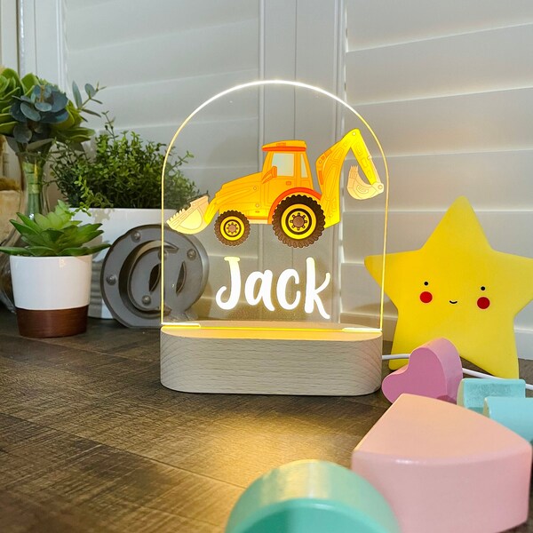 Personalised DIGGER Night Light - Great Gift for Kids Birthdays - Nursery Decor for Baby - Good Night Bedside Lamp - Christmas Present