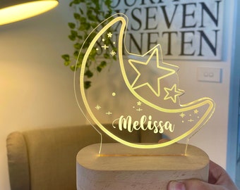 Personalised MOON and STAR Night Light - Great Gift for Kids Birthday - Nursery Decor for Baby - Good Night Bedside Lamp - Christmas Present