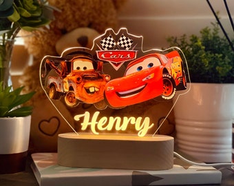 Veilleuse personnalisée LIGHTENING MCQUEEN et MATER pour voitures - Cadeau idéal pour un anniversaire d'enfant - Lampe de chevet Good Night - Cadeau de Noël