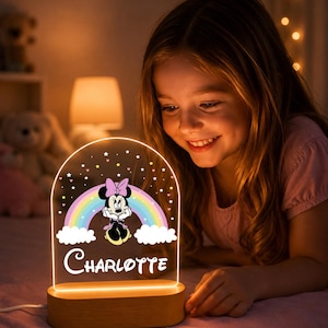 Personalized Minnie Mouse Night Light: Engraved Nursery Decor, Mickey Mouse Clubhouse, Minnie and Rainbow Lamp, Perfect Birthday gift girls