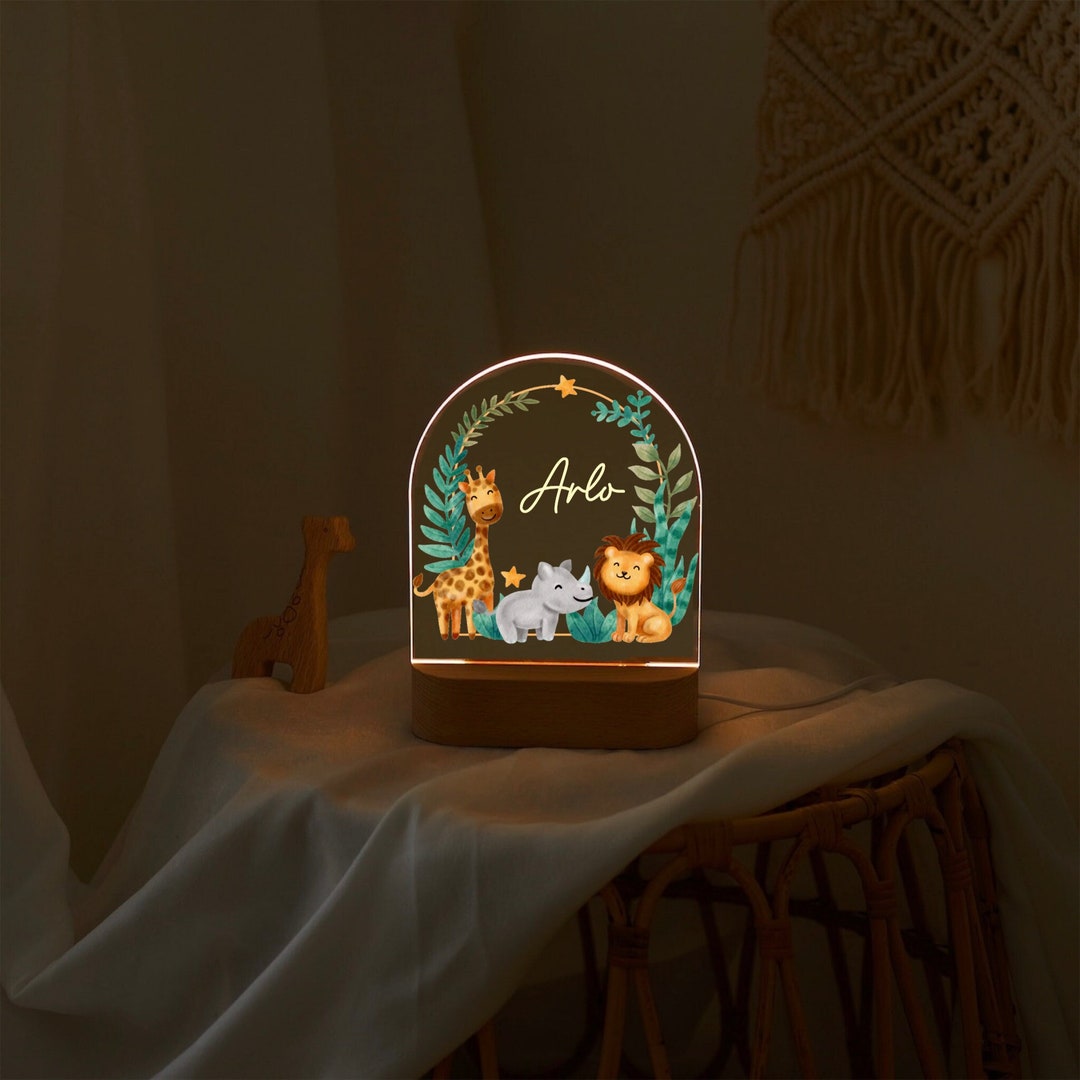 Personalised JUNGLE SAFARI ANIMALS Night Light Great Gift for Kids Birthdays Nursery Decor Baby
