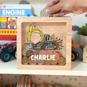 Cofrinho DIGGER personalizado - Presente para bebê Nome personalizado - Presente de Natal para menina ou menino - Presente de 1º aniversário para crianças