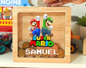 Personalized Mario Game Oak Money Box – Engraved Kids Piggy Bank