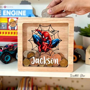 Personalised SPIDERMAN Money Box - Baby Gift Custom Name - Baby Girl or baby Boy Christmas Gift - 1st Birthday Gift for kids - Baby shower