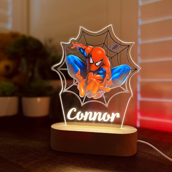 Veilleuse SPIDER-MAN personnalisée - Cadeau idéal pour les anniversaires d'enfants - Décoration de chambre d'enfant - Lampe de chevet Bonne nuit - Cadeau de Noël