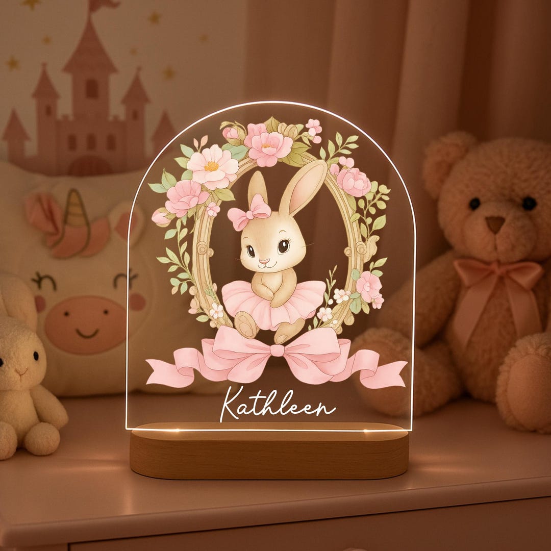 Pink Rabbit Night Light Personalized Bunny Night Light: Engraved Nursery Decor With Pink Bow - Etsy
