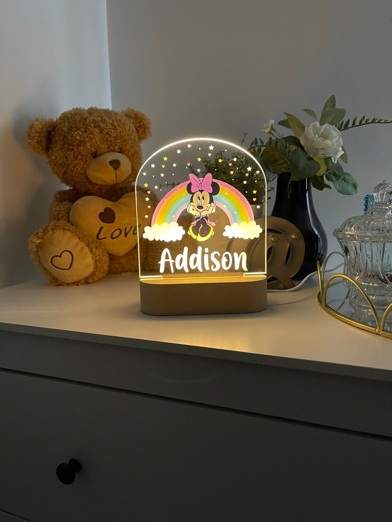 Personalised MINNIE MOUSE Night Light Great Gift for Kids Birthdays Nursery Decor for Baby Good Night Bedside Lamp Christmas Present image 3