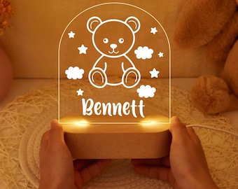 Personalized Teddy Bear Night Light: Engraved Nursery Decor