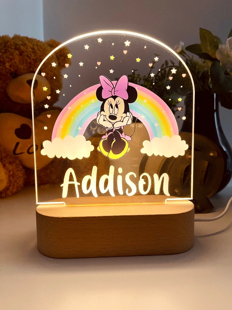 Personalised MINNIE MOUSE Night Light Great Gift for Kids Birthdays Nursery Decor for Baby Good Night Bedside Lamp Christmas Present image 2