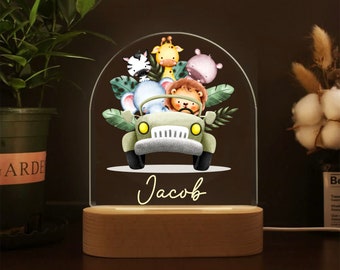 Personalized SAFARI ANIMALS Night Light - Great Gift for Kids Birthdays - Nursery Decor Baby - Good Night Bedside Lamp - Christmas Present