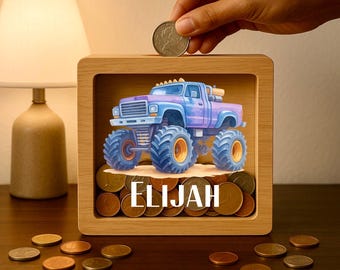 Personalized Monster Truck Money Box: Custom Engraved Wooden Piggy Bank