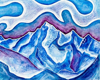 Blaue Berge - Abstrakte Landschaft Aquarell Druck