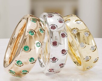 Anillos de boda de oro macizo de 14K, regalo de banda de compromiso muy pedregoso, banda de boda de 7,5 mm, anillos para mujeres, joyas para mujeres, regalo para mamá