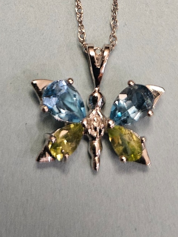 Blue Topaz and Green Peridot Butterfly Necklace