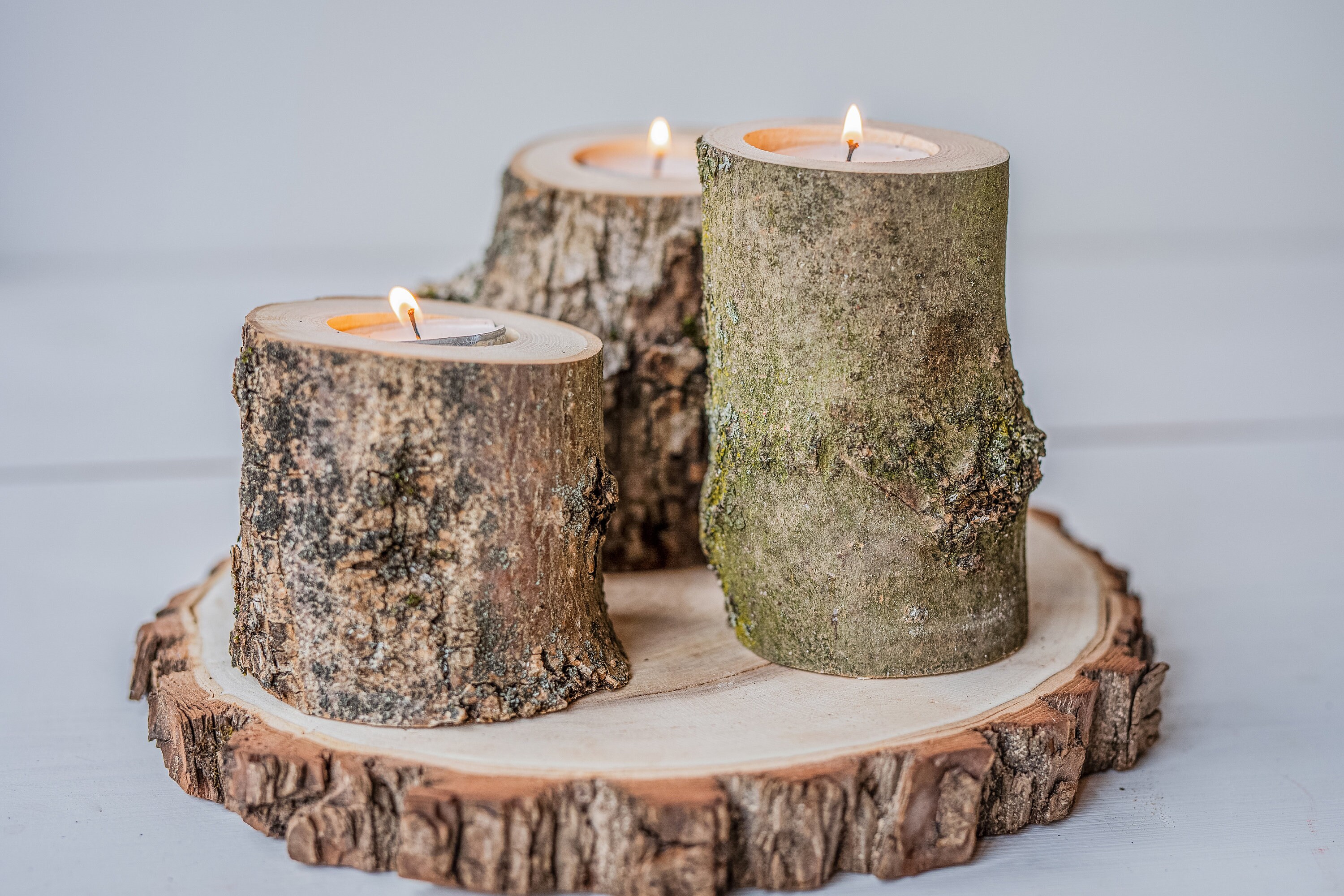 Set of Three 3 Solid Wood Log Tea Light Candle Holders Etsy UK