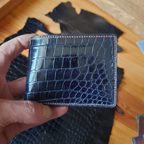 Dark blue exotic leather bifold wallet Men's luxury wallet Navy blue alligator bifold wallet Handmade custom Wallet Personalization wallet