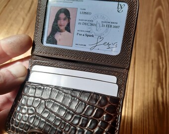 Brown mini ID Wallet /Alligator Cardholder with ID Windows/ Small exotic leather wallet/ id Passport Holder / Handmade Drivers License Case