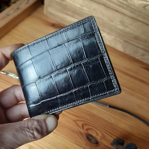 French calfskin leather wallet. Small stylis black alligator leather money clip wallet.  Luxury money clip wallet. Handmade.