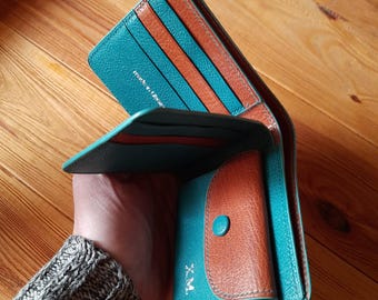 France chèvre and python leather trifold wallet.  Handmade. Luxury Two-color wallet. Gift. Personalization. Exotic leather wallet.