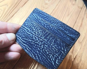 Mini exotic leather wallet and keychain Thin card holder entirely of shark leather. Front pocket wallet. Luxury blue handmade card holder