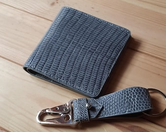Stylish vertical full lizard leather wallet & keychain. Gray luxury exotic leather bifold wallet. Handmade personalized men's card wallet