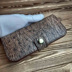 Cartera larga plegable en piel buttero marrón Tarjetero largo hecho a mano. Cartera grande. Cartera de piel exótica de lujo. Cartera de piel Buttero