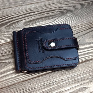 Clip para billetera de cuero negro. Cartera hecha a mano. Regalo de aniversario para marido. Regalo de cumpleaños del padre. Regalo de novio. Cartera de lujo con clip para billetes.