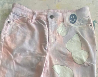 Hand Painted, Bleached, Distressed & Dyed Upcycled Unisex Skinny Jeans | Concert or Festival Outfit | Art Pants