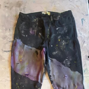 Hand Painted, Distressed & Bleached Upcycled Unisex Black Skinny Jeans, sz 30 | Splattered Pants | Love Your Aura