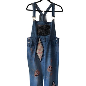 Hand Painted & Distressed Upcycled Unisex Lighweight Denim Overalls, sz L | Peachy Patch Pants