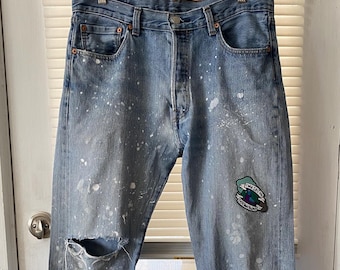 I Will Ish On Everything You Love Splatter Painted & Distressed Buttonfly Jeans | Pigeon Patch Pants | Upcycled 501’s | 34x32
