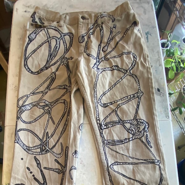 Hand Drawn Upcycled Unisex Jeans, sz 34x30 | Matrix Sharpie Pants