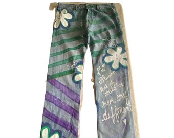 Smiley Flower Hand Painted, Dyed & Distressed Upcycled Unisex Button Fly Jeans | Festival Pants