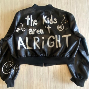 Hand Painted Black Faux Leather Upcycled Lightweight Bomber Jacket image 1