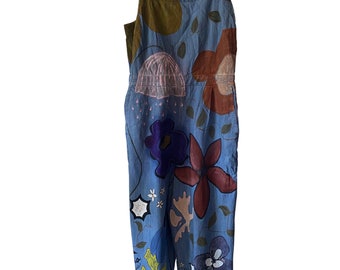 Hand Painted & Dyed Upcycled Unisex Lighweight Denim Overalls, sz 8 | Watercolor Inspired Flowy Pants
