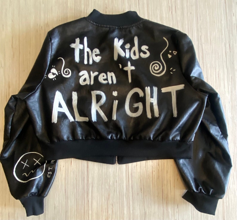 Hand Painted Black Faux Leather Upcycled Lightweight Bomber Jacket image 1