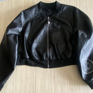 Hand Painted Black Faux Leather Upcycled Lightweight Bomber Jacket image 3