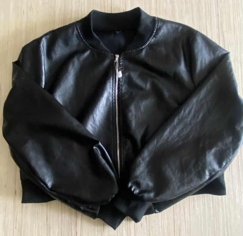 Hand Painted Black Faux Leather Upcycled Lightweight Bomber Jacket image 4