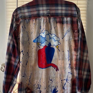 Grungified Storm Cloud Head Upcycled Plaid Flannel Shirt | Handpainted and Bleached Top