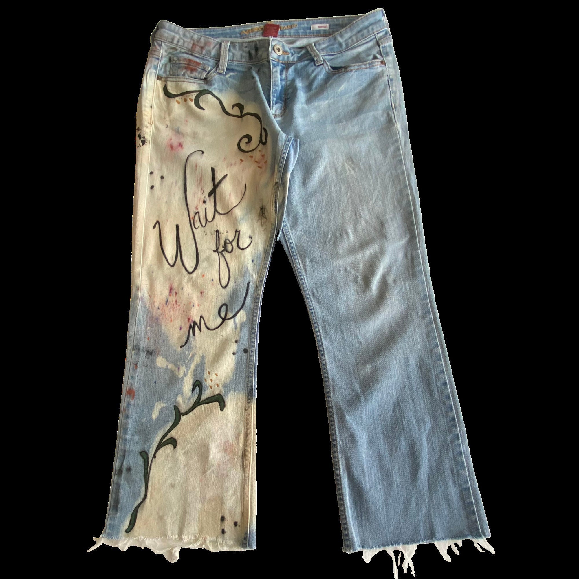 Wait For Me Hand Painted, Bleached, Dyed & Distressed Upcycled Unisex Jeans | Concert or Festival Outfit | Art Pants