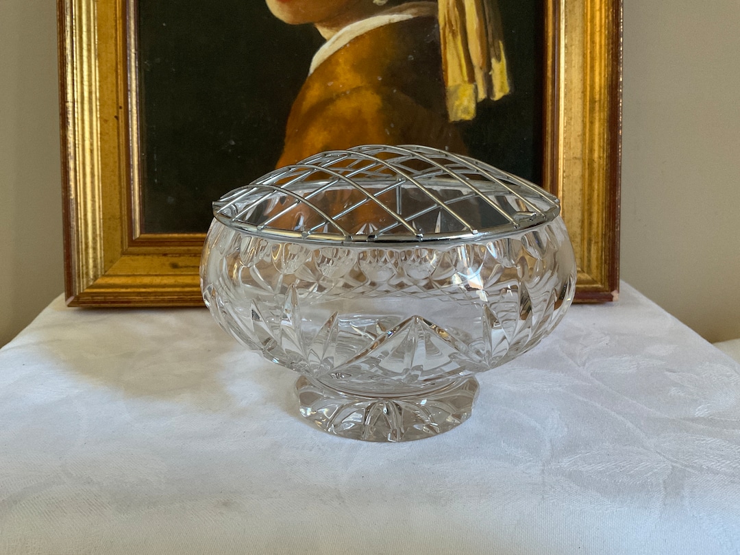 Vintage Cut Glass Rose Bowl With Silver Mesh Lid Fine Quality Etsy